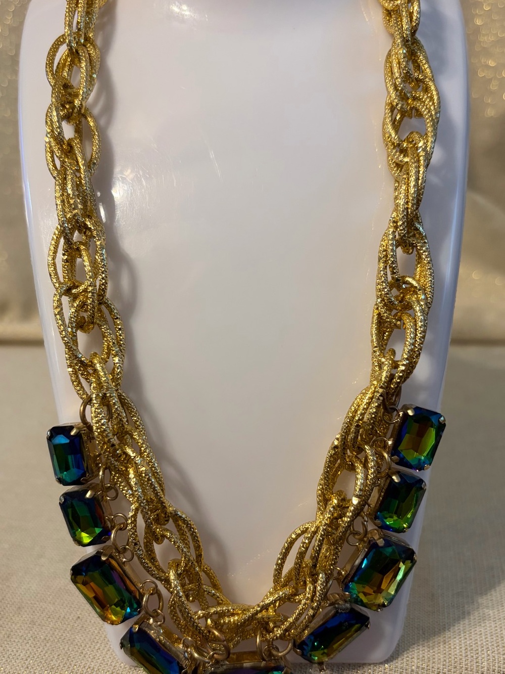 Gold Chain Statement Necklace with Multicolor Aurora Crystals - Picture 2 of 5